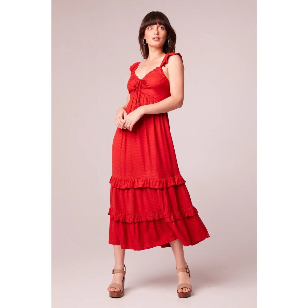 Band of the Free Clarisse Red Tiered Midi Dress L Boho